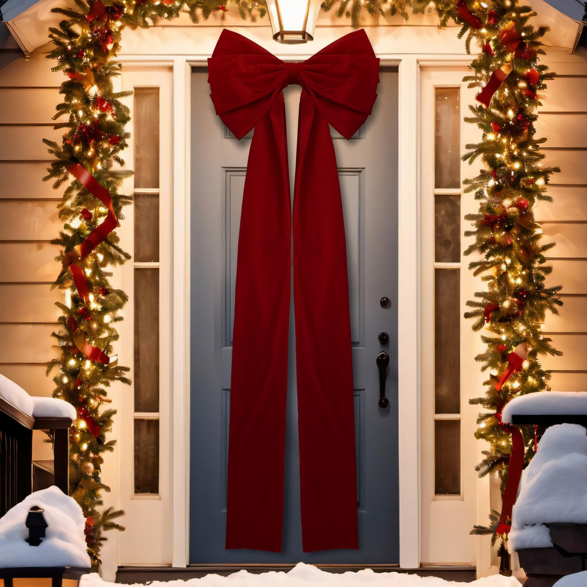 Knitgrip front view of burgundy velvet bow showing upscale entrance impact