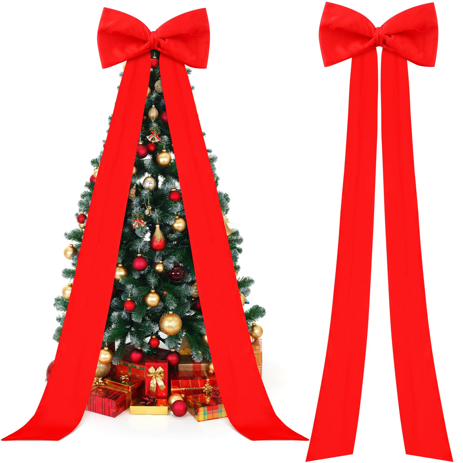 Knitgrip front view of red satin tree topper bow showcasing elegant focal impact
