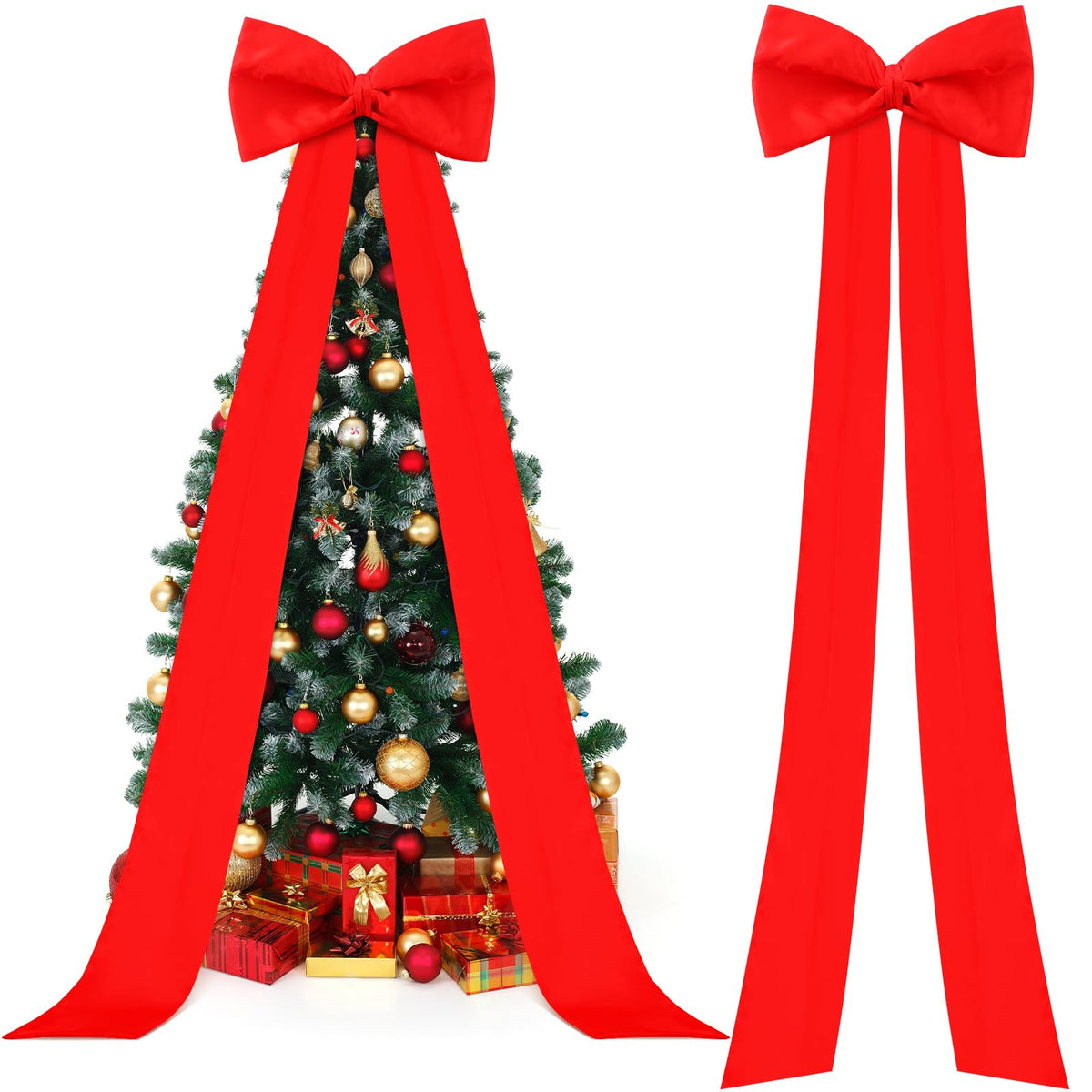 Knitgrip front view of red satin tree topper bow showcasing elegant focal impact
