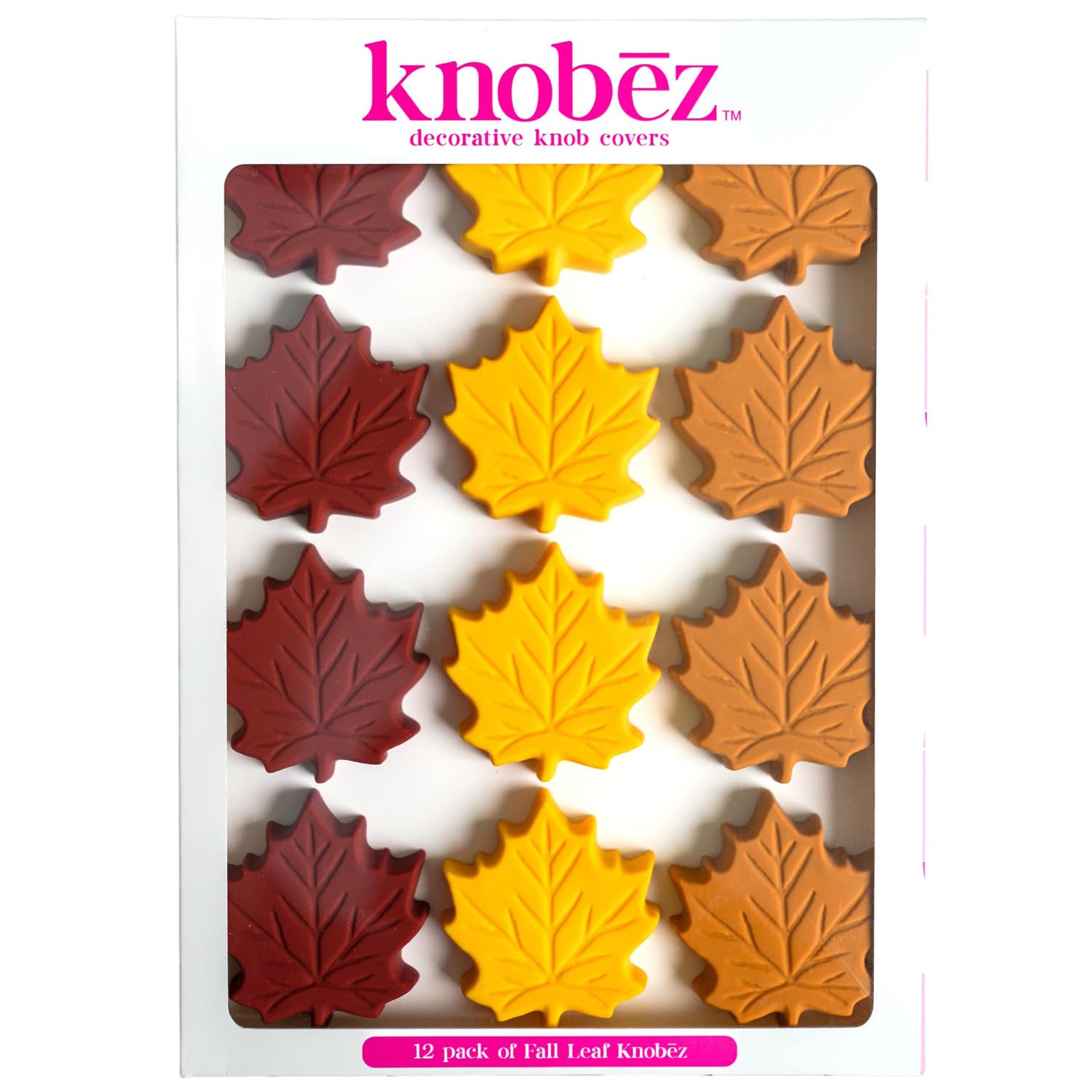 Knobēz front packaging showing 12 fall leaf covers and quick decor benefit