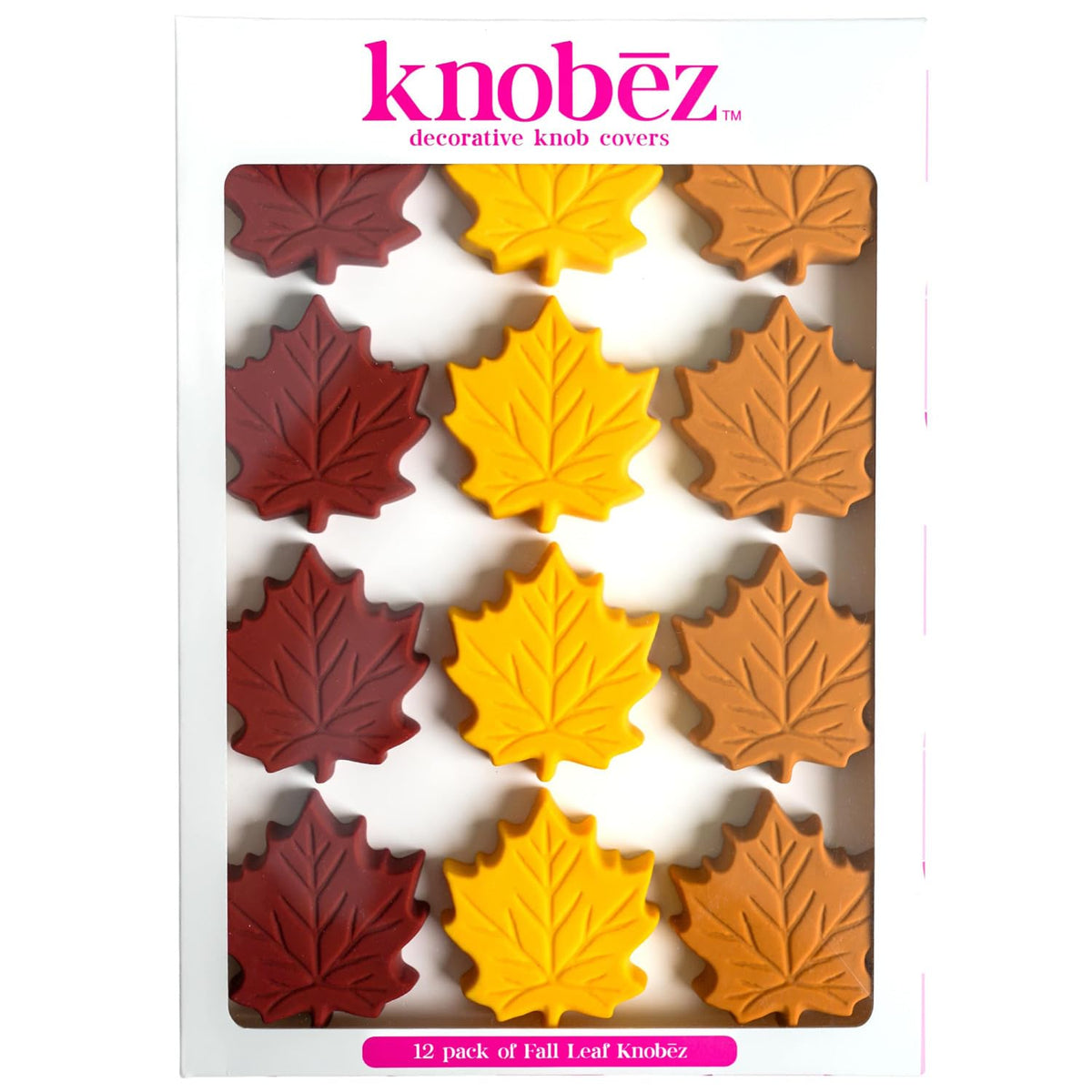 Knobēz front packaging showing 12 fall leaf covers and quick decor benefit