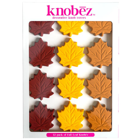 Knobēz front packaging showing 12 fall leaf covers and quick decor benefit