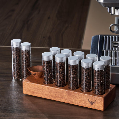 KNODOS solid wood stand holding tubes for tidy counter storage and quick access