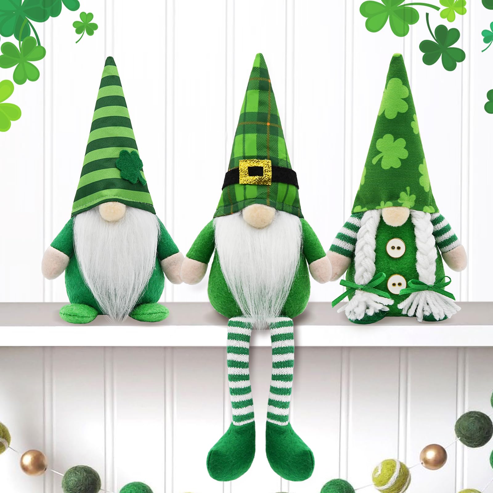 KnomeKo three gnomes front view showing festive green outfits and shamrock charm