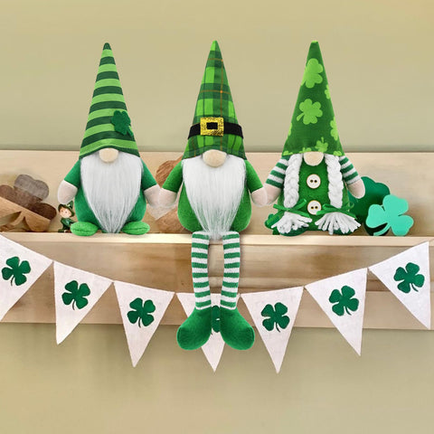 KnomeKo gnomes styled on a mantel providing cozy Irish-themed ambiance