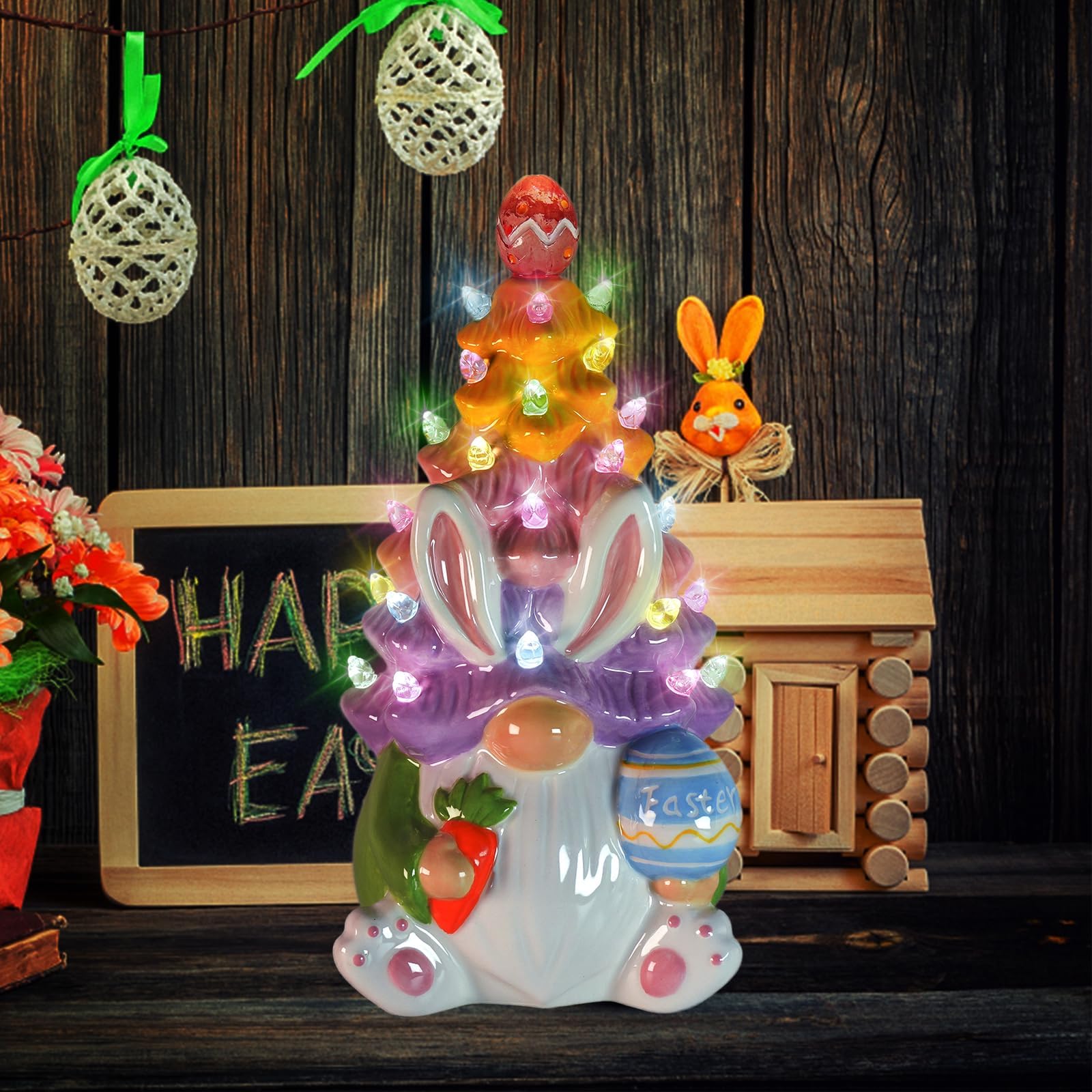 KnomeKo on mantel with greenery suggesting seasonal décor versatility