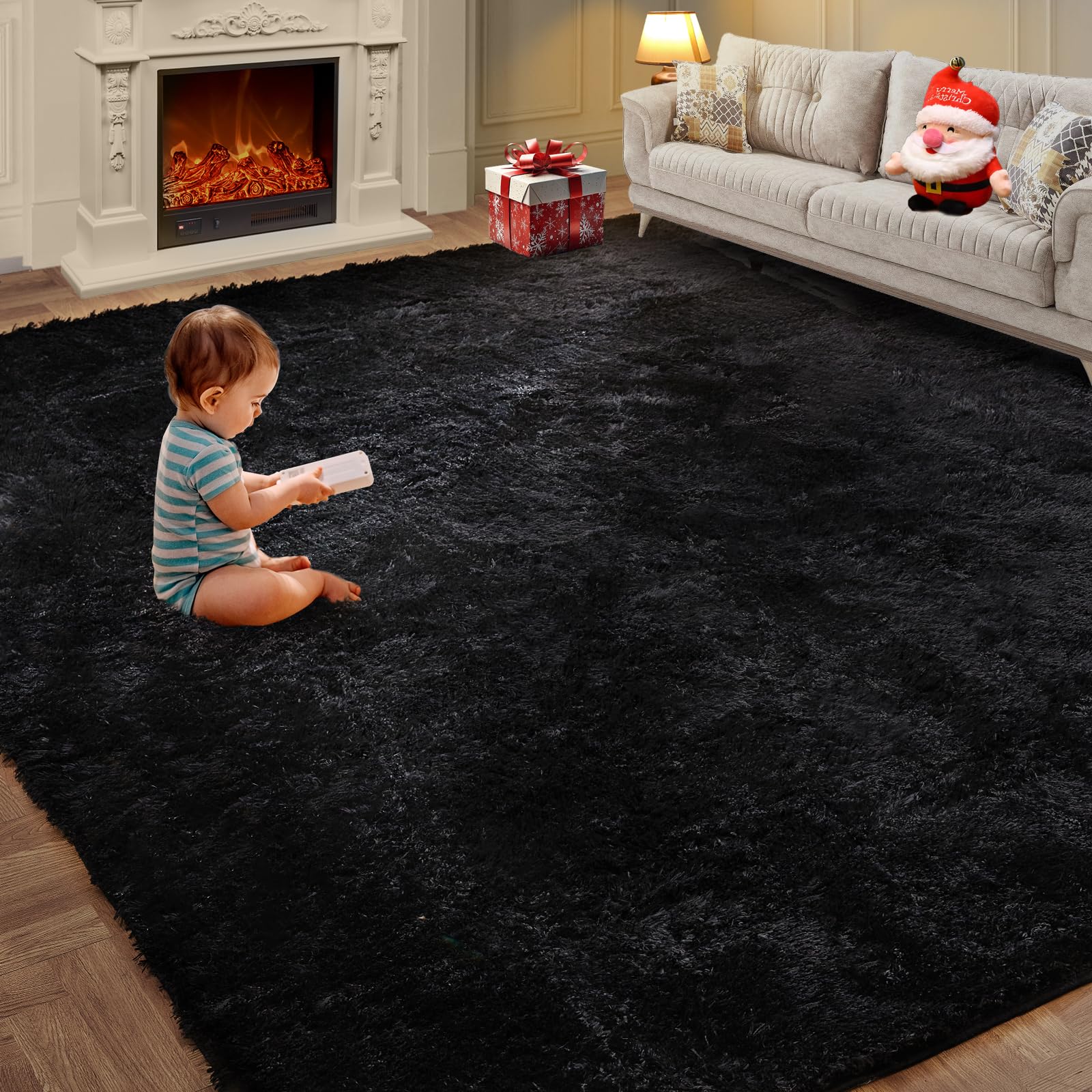 KNZE front view of 5x7 black shag rug shows plush aesthetic and modern appeal