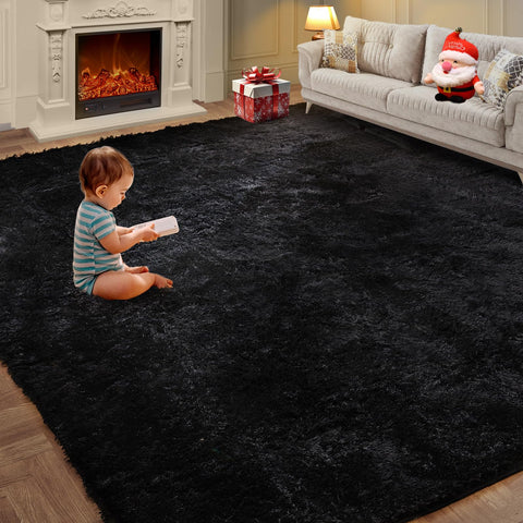 KNZE front view of 5x7 black shag rug shows plush aesthetic and modern appeal