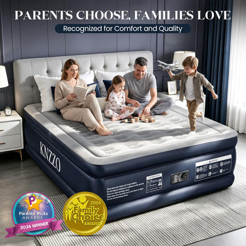 KNZZO inflated mattress in a bedroom demonstrating near-bed-height comfort