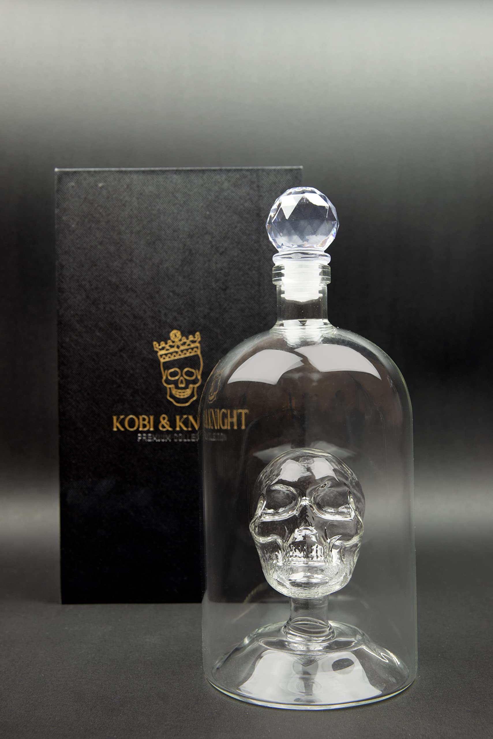 Kobi & Knight decanter beside standard bottle shows accurate 750ml scale