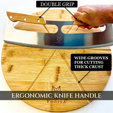 Kobiva bamboo board grooves detail guiding even slices for consistent serving benefit