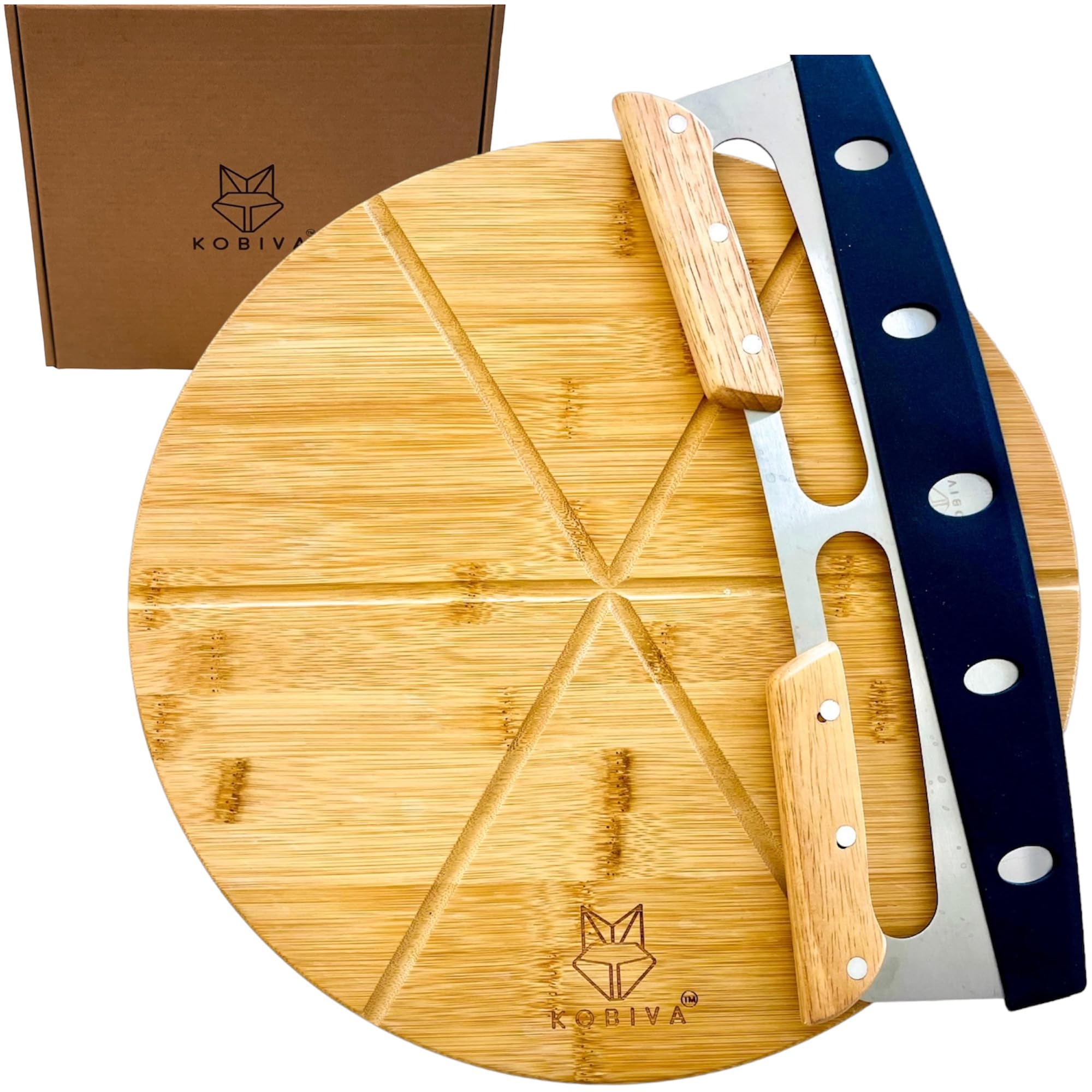 Kobiva pizza set front view showing board and rocker cutter, attractive presentation benefit