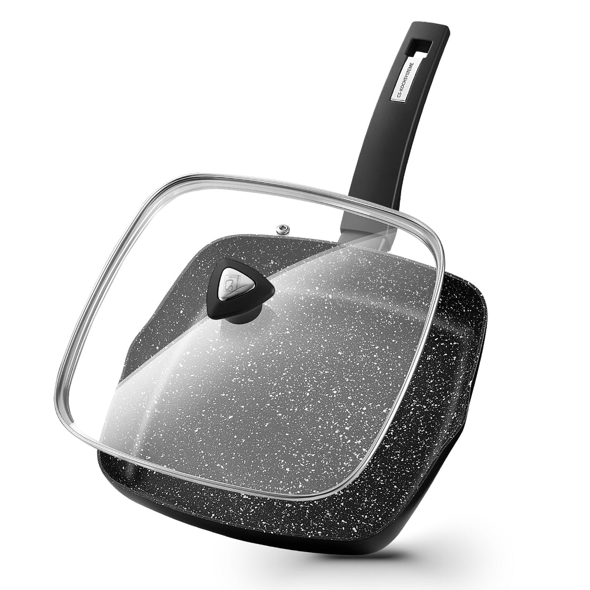 KOCH SYSTEME CS front view of grill pan showing shape and lid, highlights convenience
