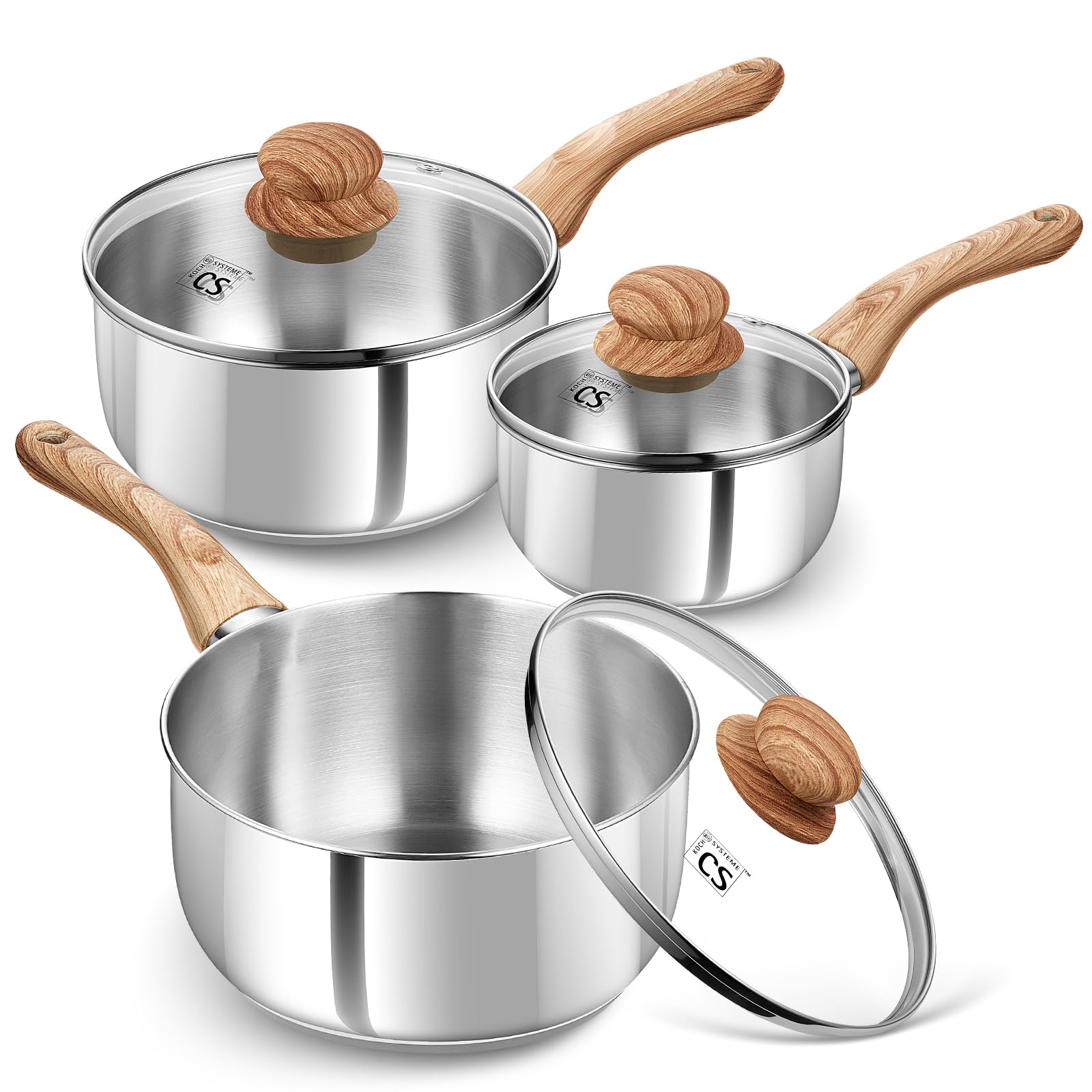 KOCH SYSTEME CS front view of 6-piece saucepan set showing lids and polished finish, durable design benefit