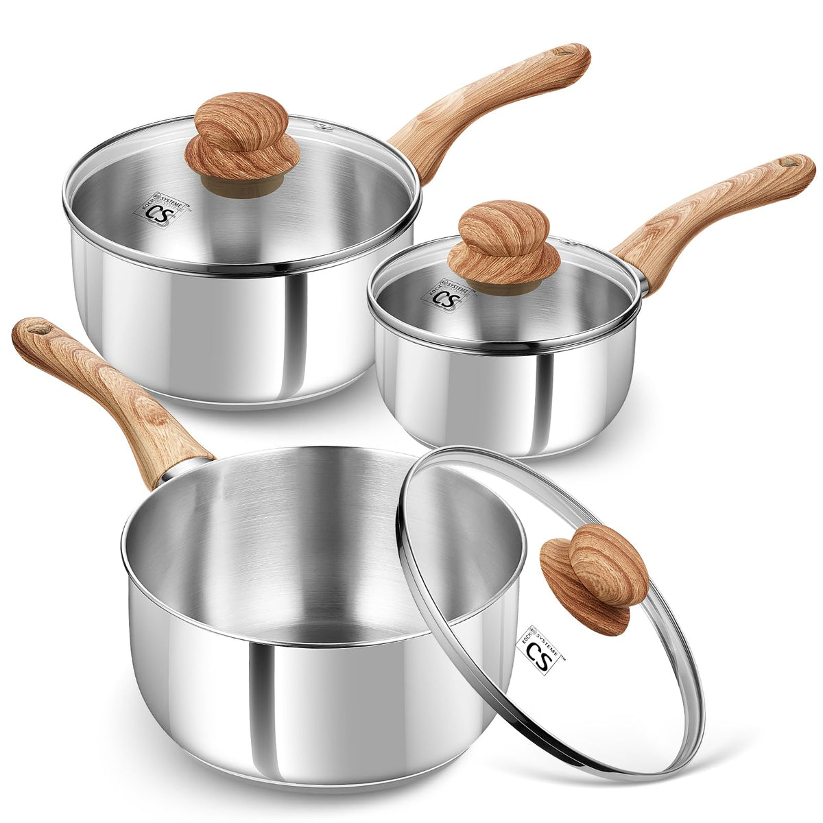 KOCH SYSTEME CS front view of 6-piece saucepan set showing lids and polished finish, durable design benefit