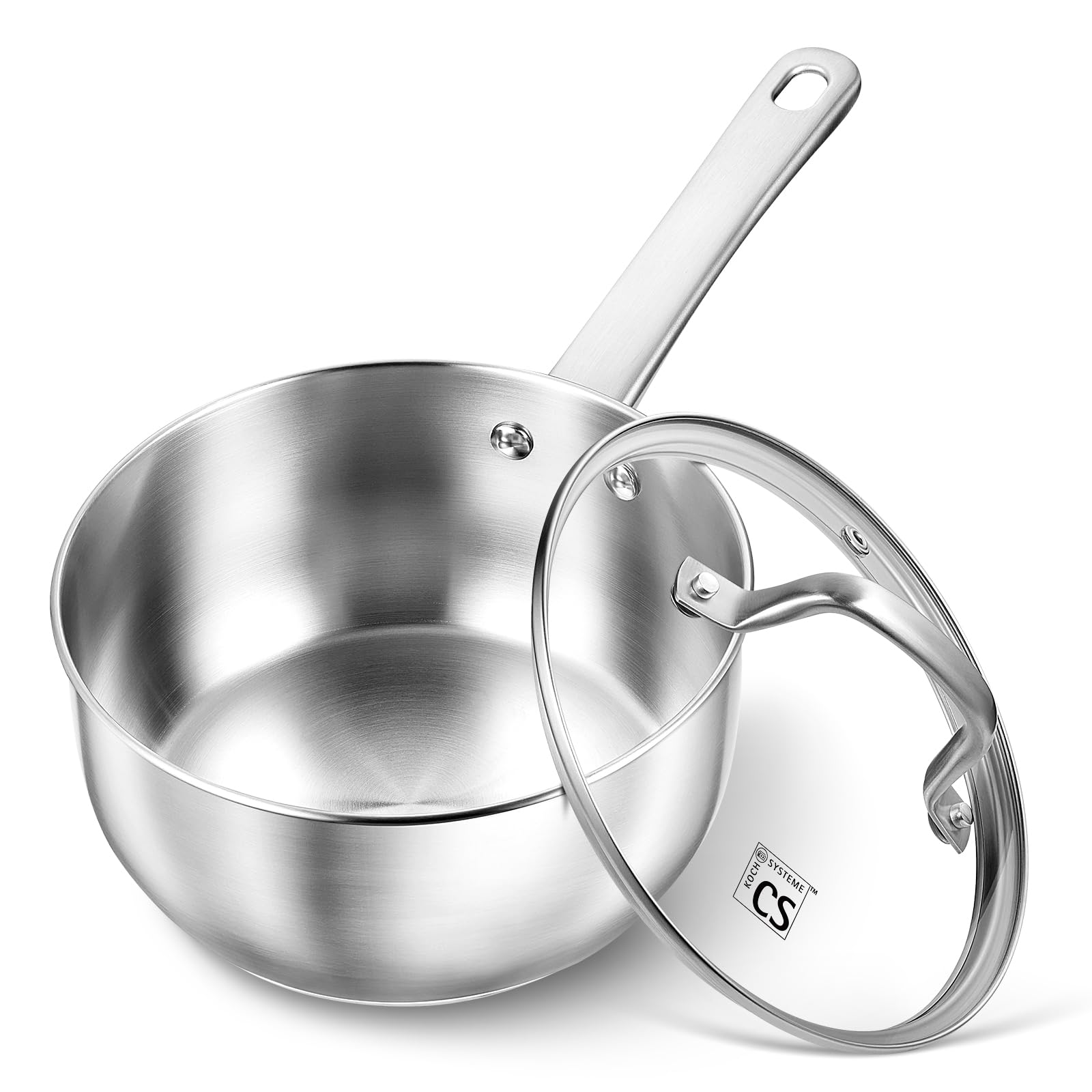 KOCH SYSTEME CS front view of 1-quart stainless steel saucepan showing shape and lid benefit even heating