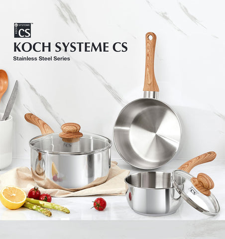 KOCH SYSTEME CS three pots side-by-side for size comparison showing 1QT, 2QT, 3QT versatility benefit