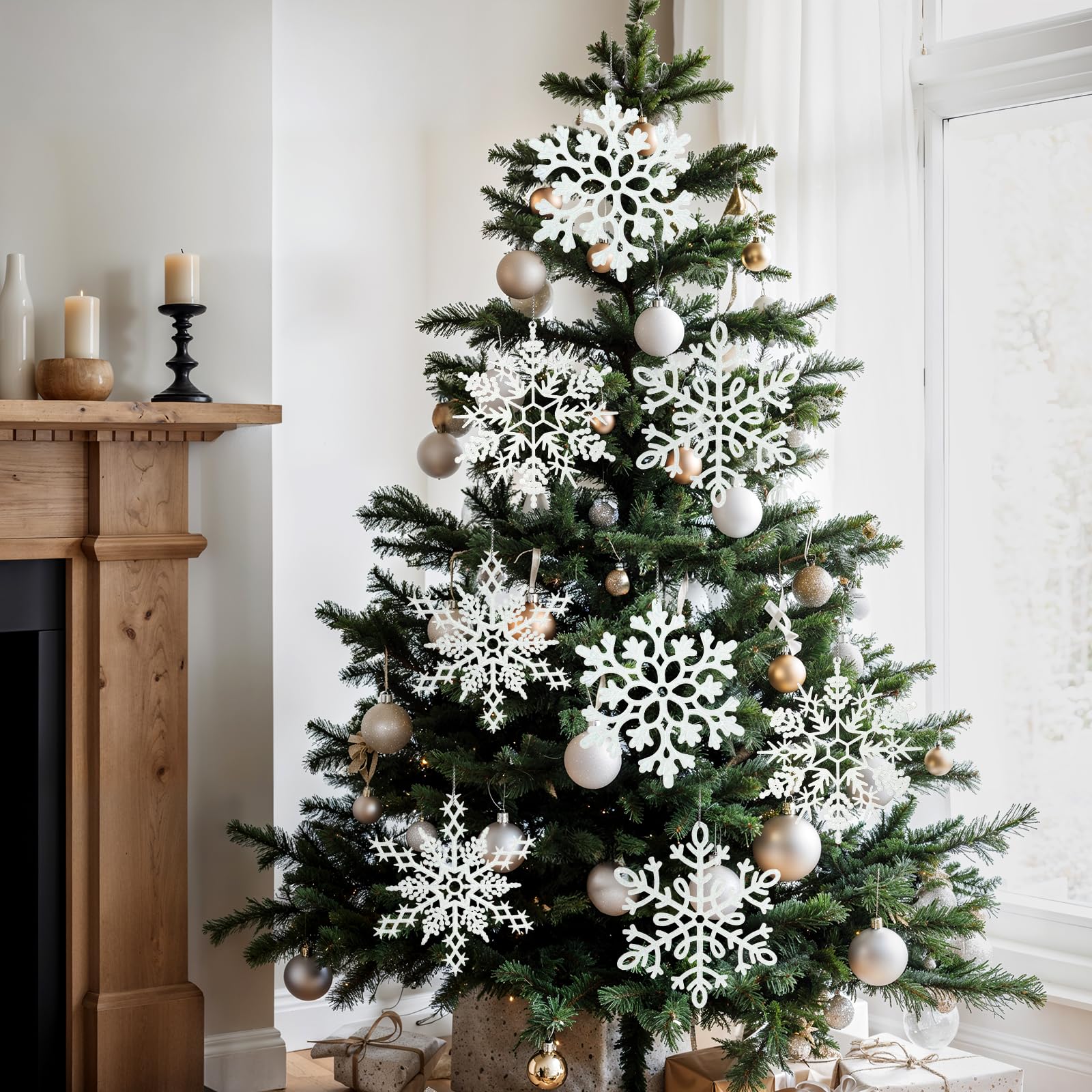 kockuu cluster of hanging snowflakes from ceiling enhancing depth