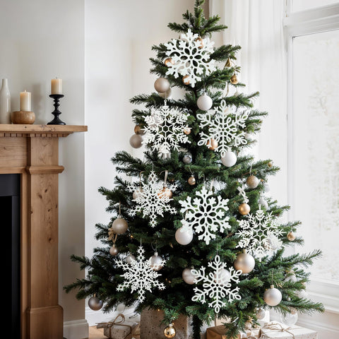 kockuu cluster of hanging snowflakes from ceiling enhancing depth