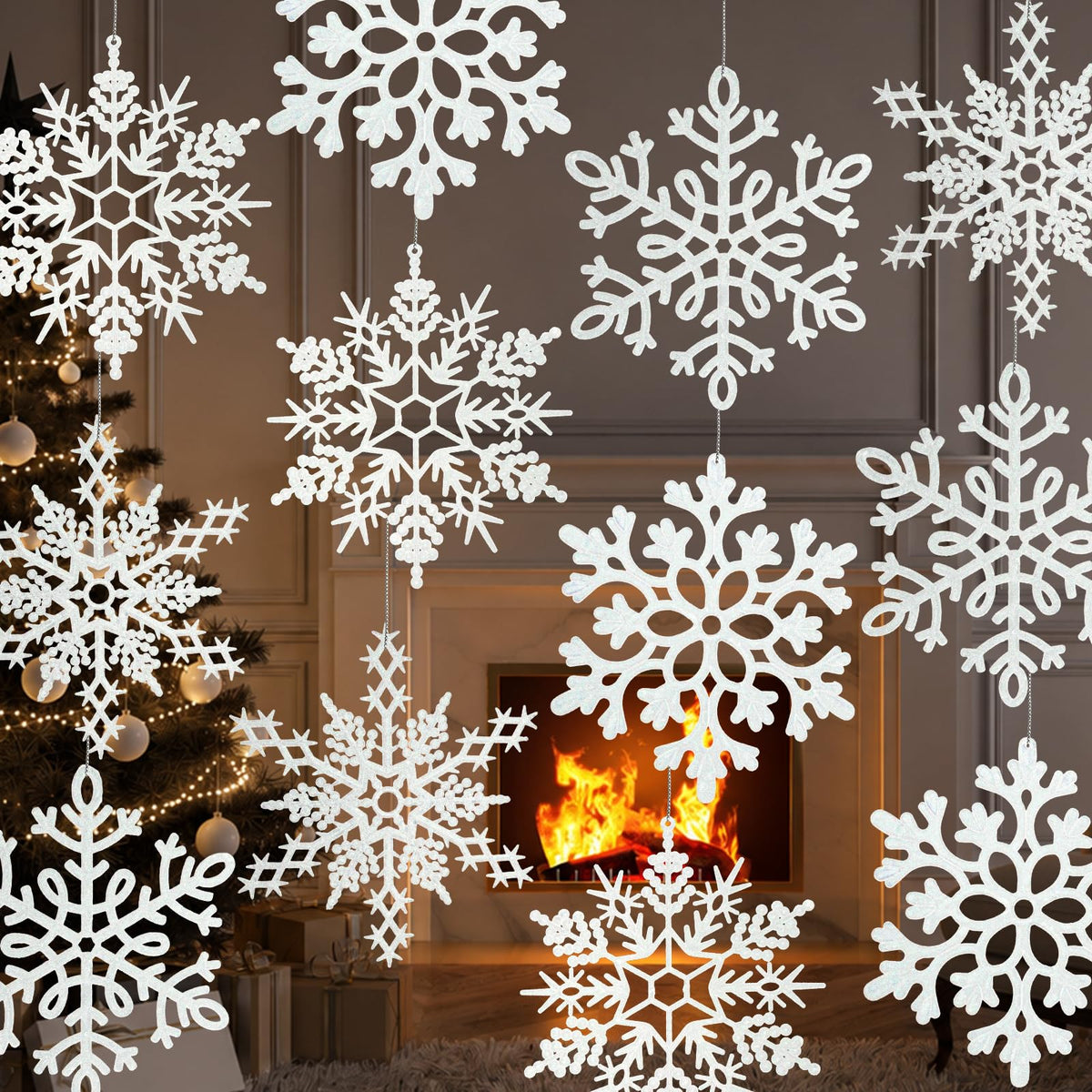 kockuu front view of 12 snowflakes showing set contents and sparkle benefit
