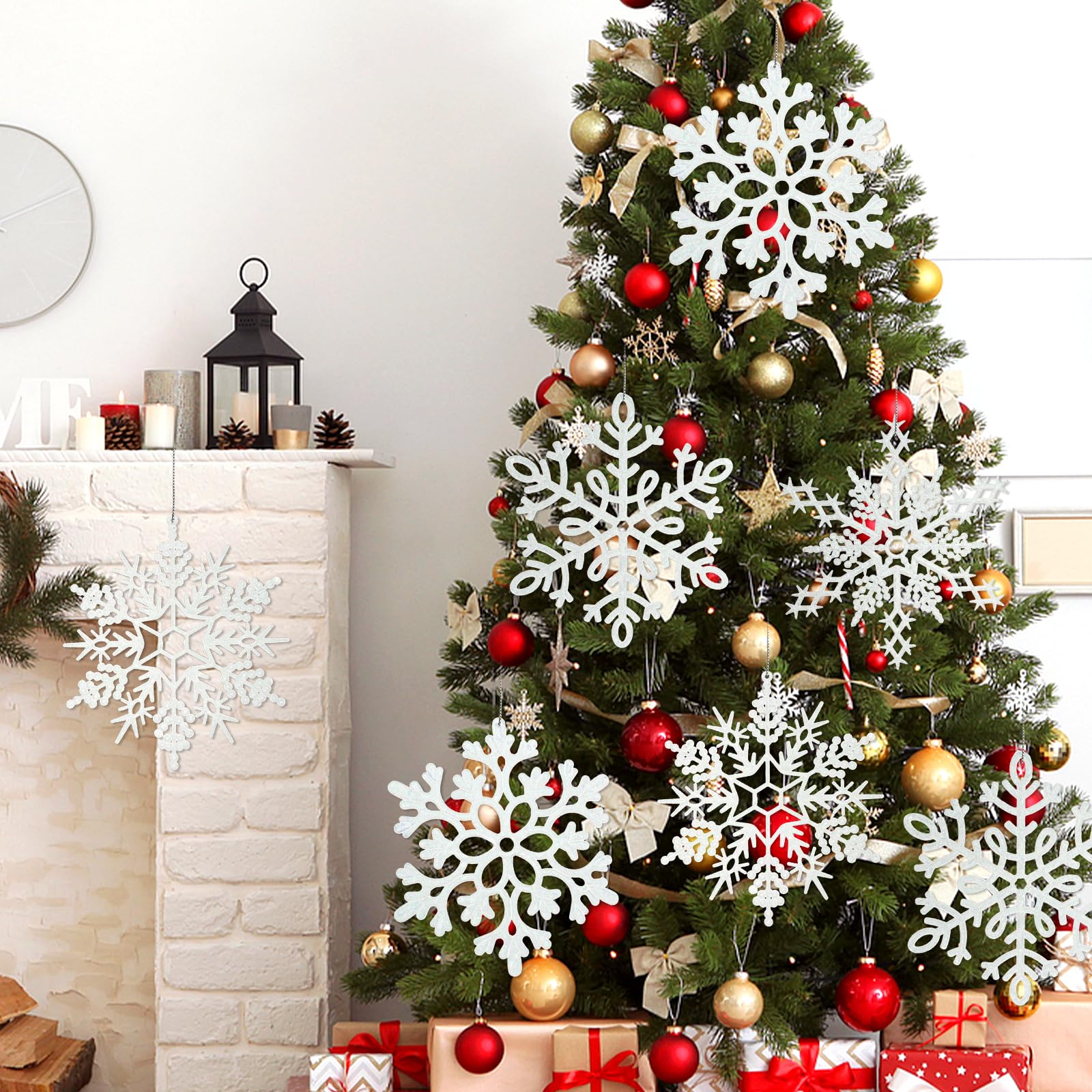 kockuu snowflake hung on Christmas tree adding large festive accent