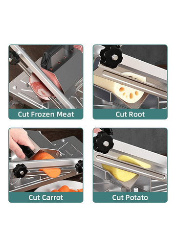 Koconic slicer in use cutting frozen beef for quick meal prep