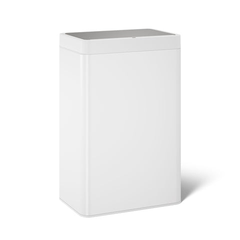 Kohler front view of rectangular stainless trash can showing space-saving profile and style