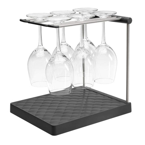 Kohler wine glass drying rack front view showing six glasses and tidy drying benefits
