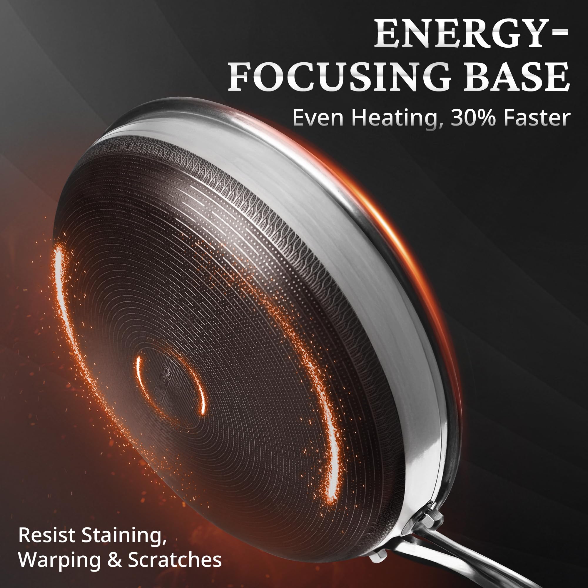 KOKHUB 12‑inch pan searing steak to show even browning and high‑heat performance