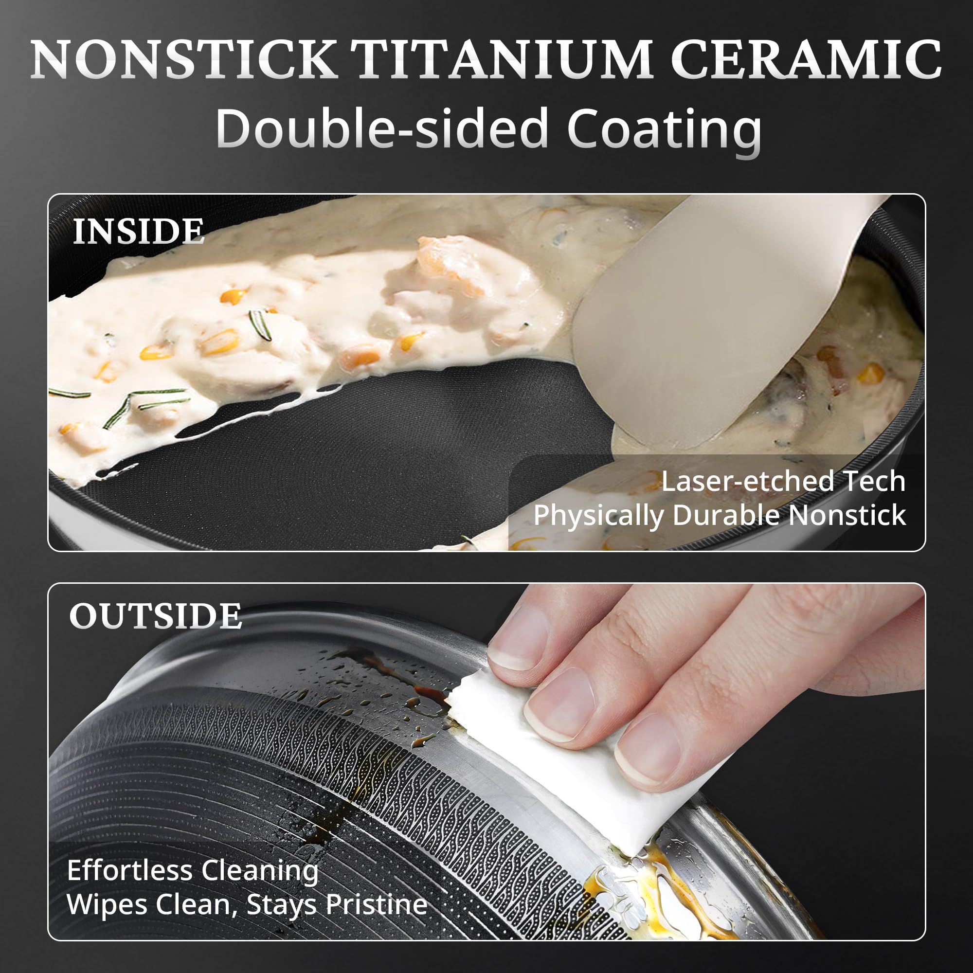 KOKHUB 8‑inch pan close up of titanium ceramic surface, demonstrating effortless release