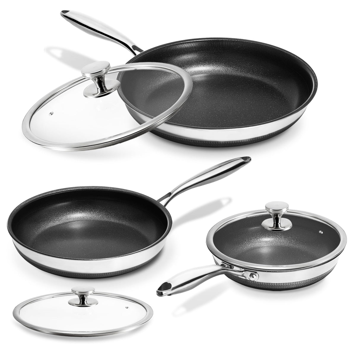 KOKHUB front view of 3‑piece set showing pans and lids, organized for easy selection