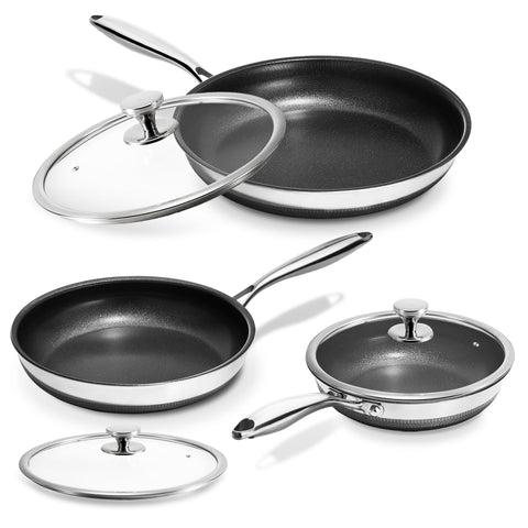 KOKHUB front view of 3‑piece set showing pans and lids, organized for easy selection