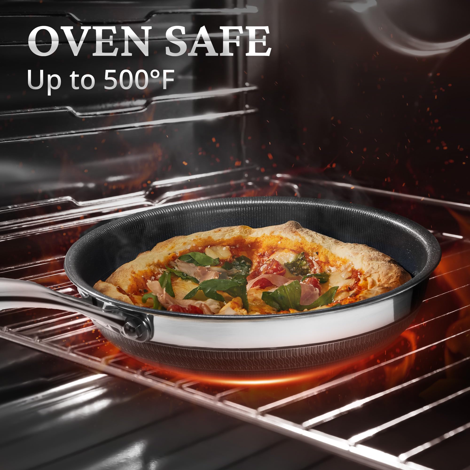 KOKHUB pan inside oven to display oven‑safe up to 500°F for finishing dishes