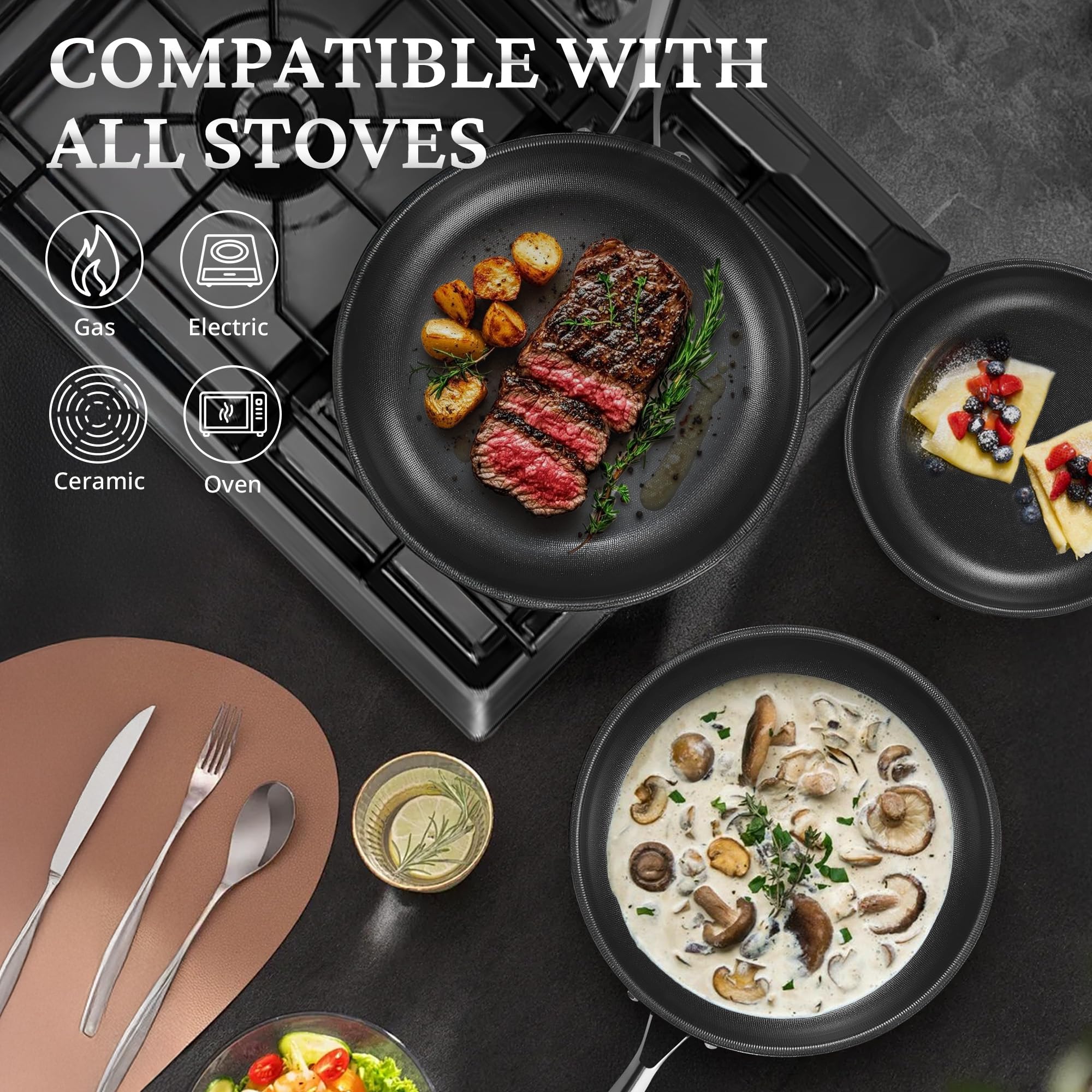 KOKHUB pans stacked to compare 8, 10, 12 inch sizes, highlighting space saving