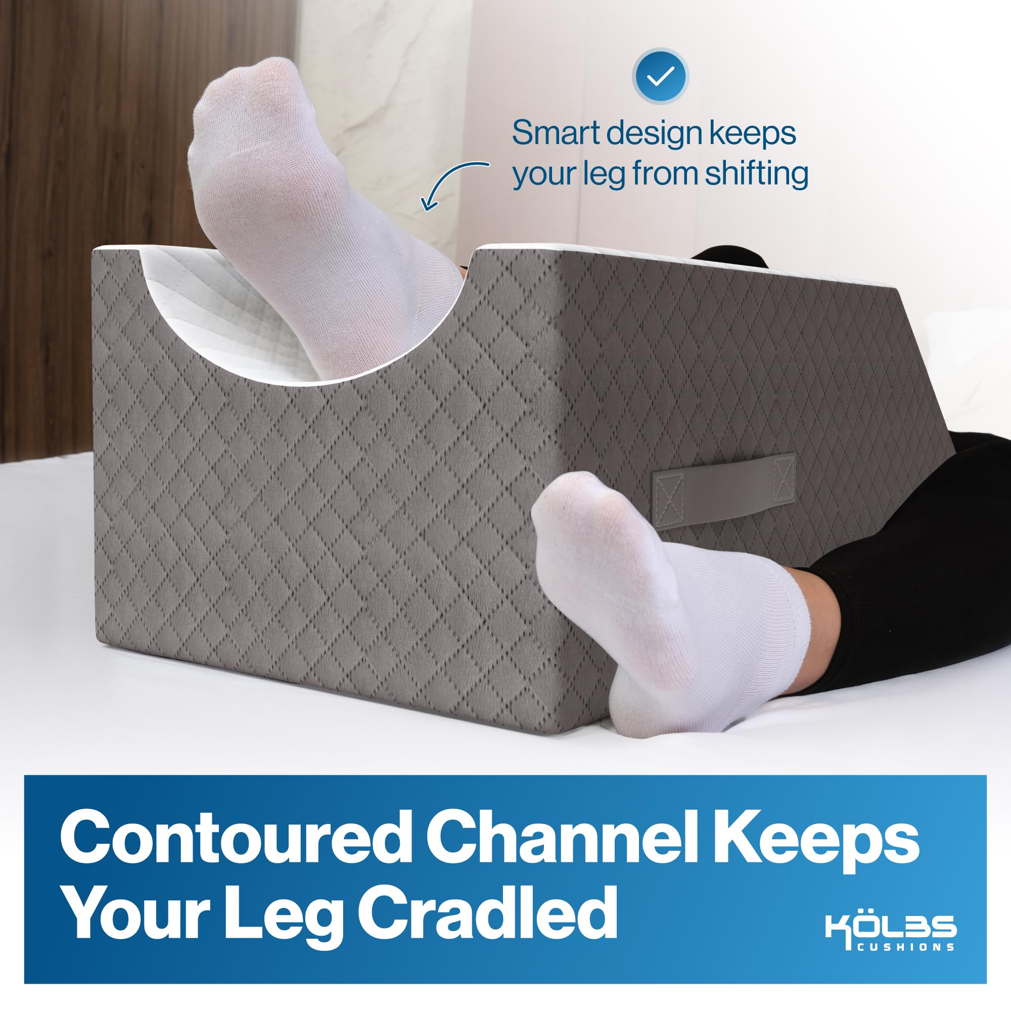 Kölbs pillow in use elevating a single leg for safer recovery