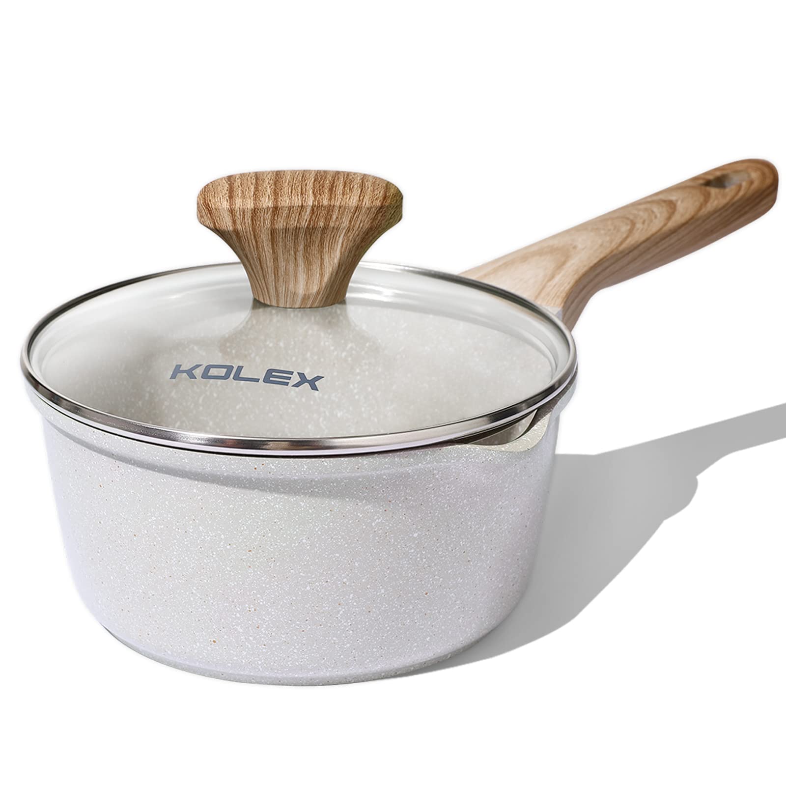 KOLEX front view of white granite saucepan shows compact pot and lid, convenient performance