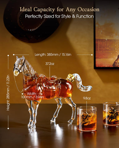 Kollea two cowboy glasses beside decanter showing matched set for serving guests