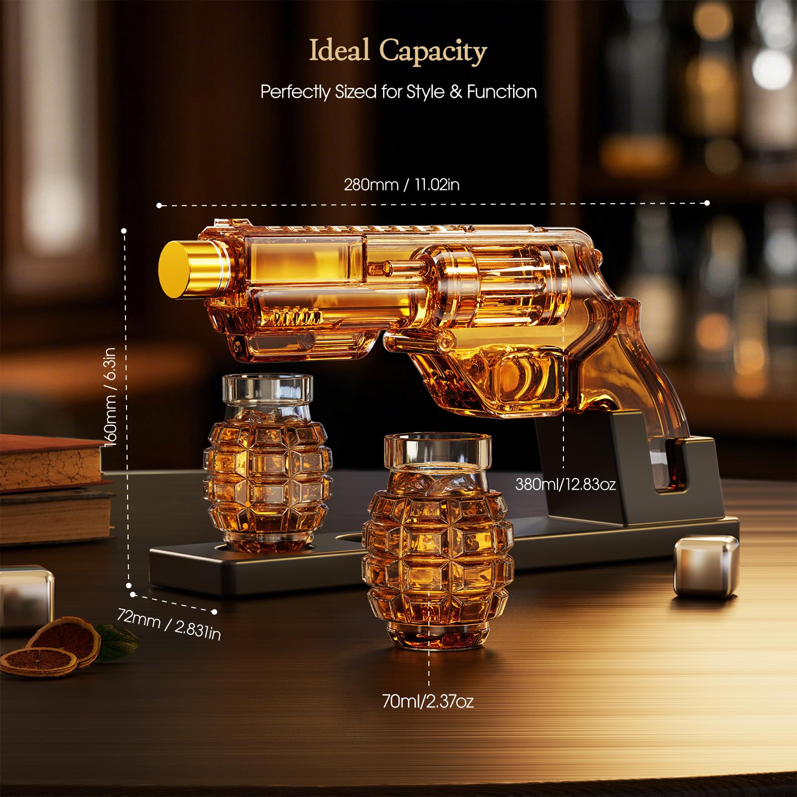 Kollea decanter on black wooden stand creating a tidy bar focal point