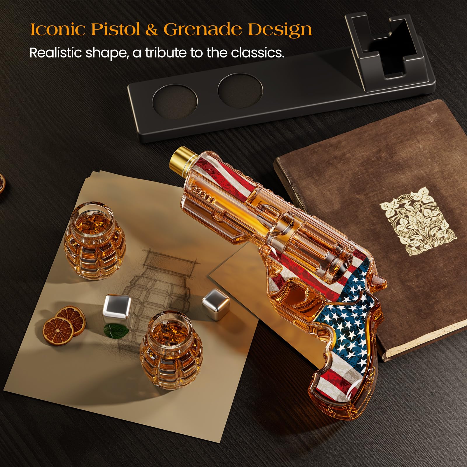 Kollea decanter displayed on black wooden stand for stable presentation