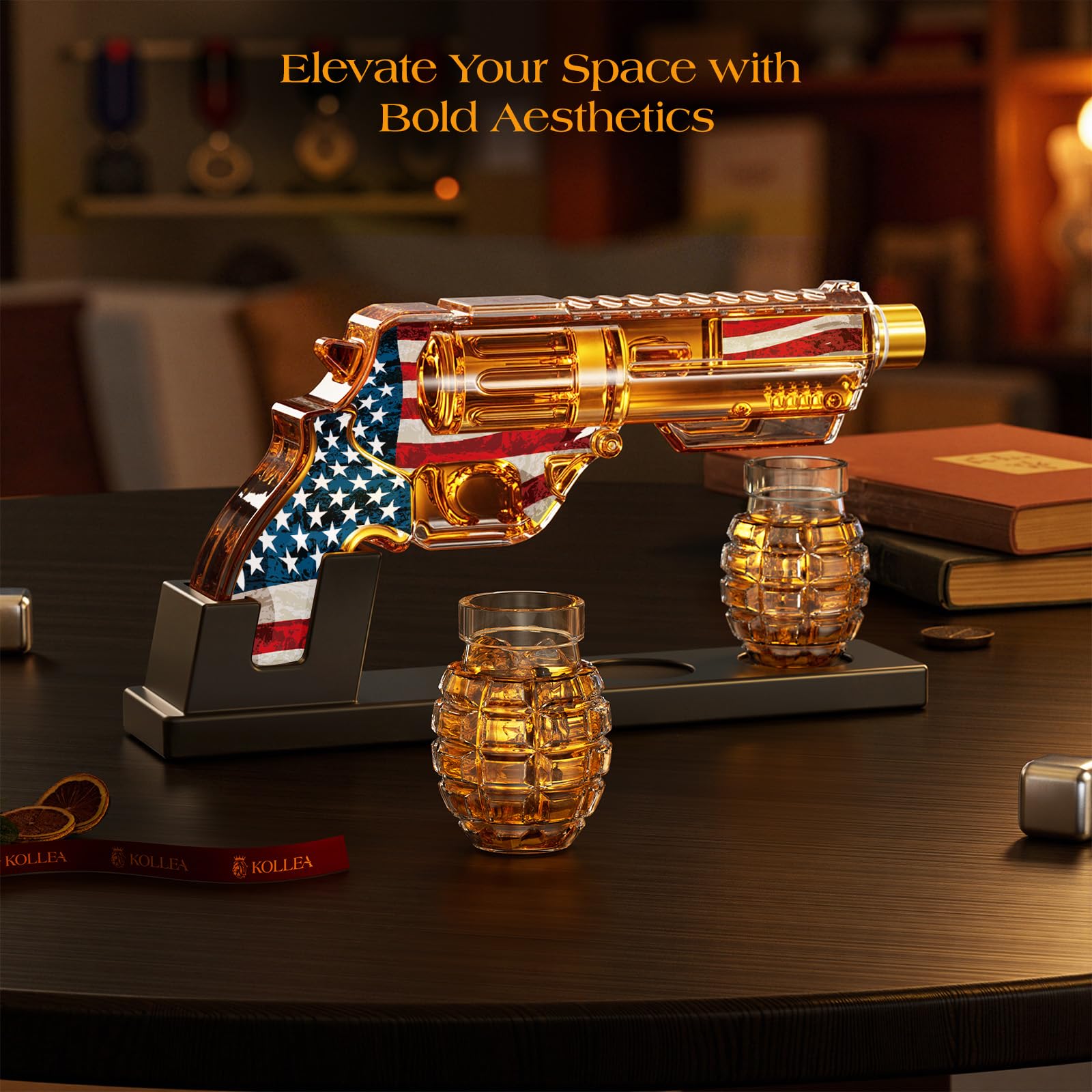 Kollea printed flag detail on decanter cap and body for eye-catching decor
