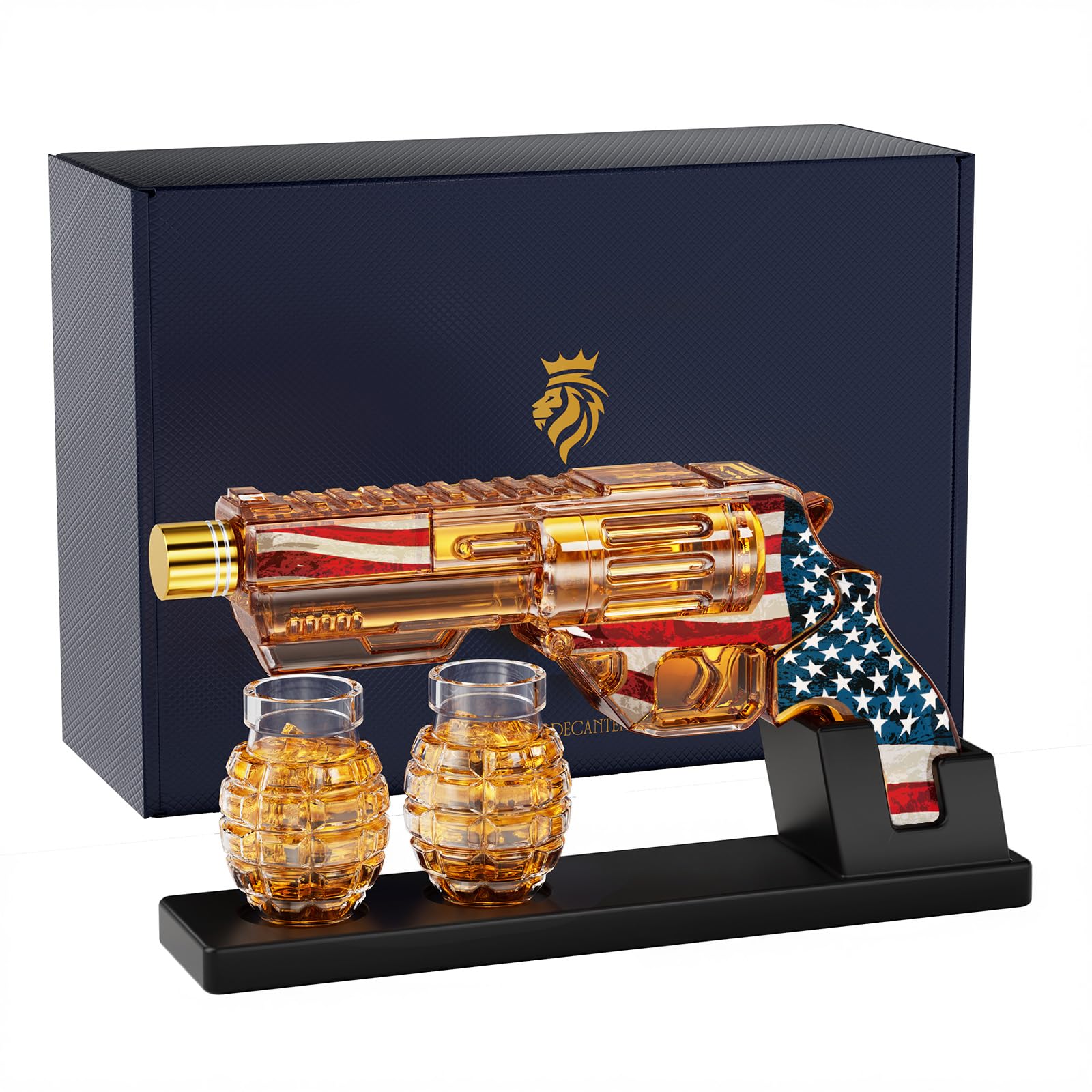 Kollea pistol-shaped decanter front view showing bold flag design and clarity