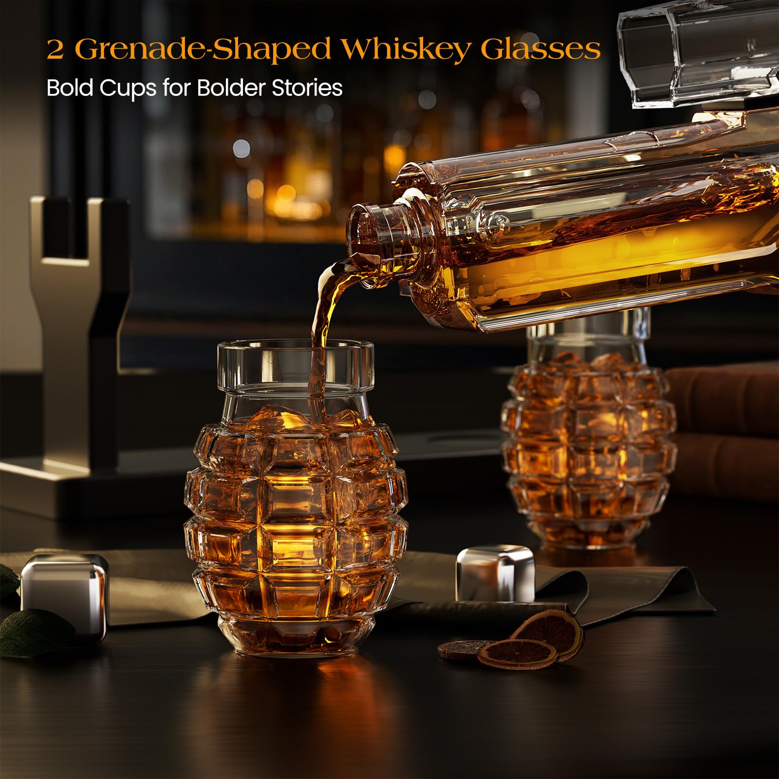 Kollea pouring whiskey into grenade glass, precise pour and presentation