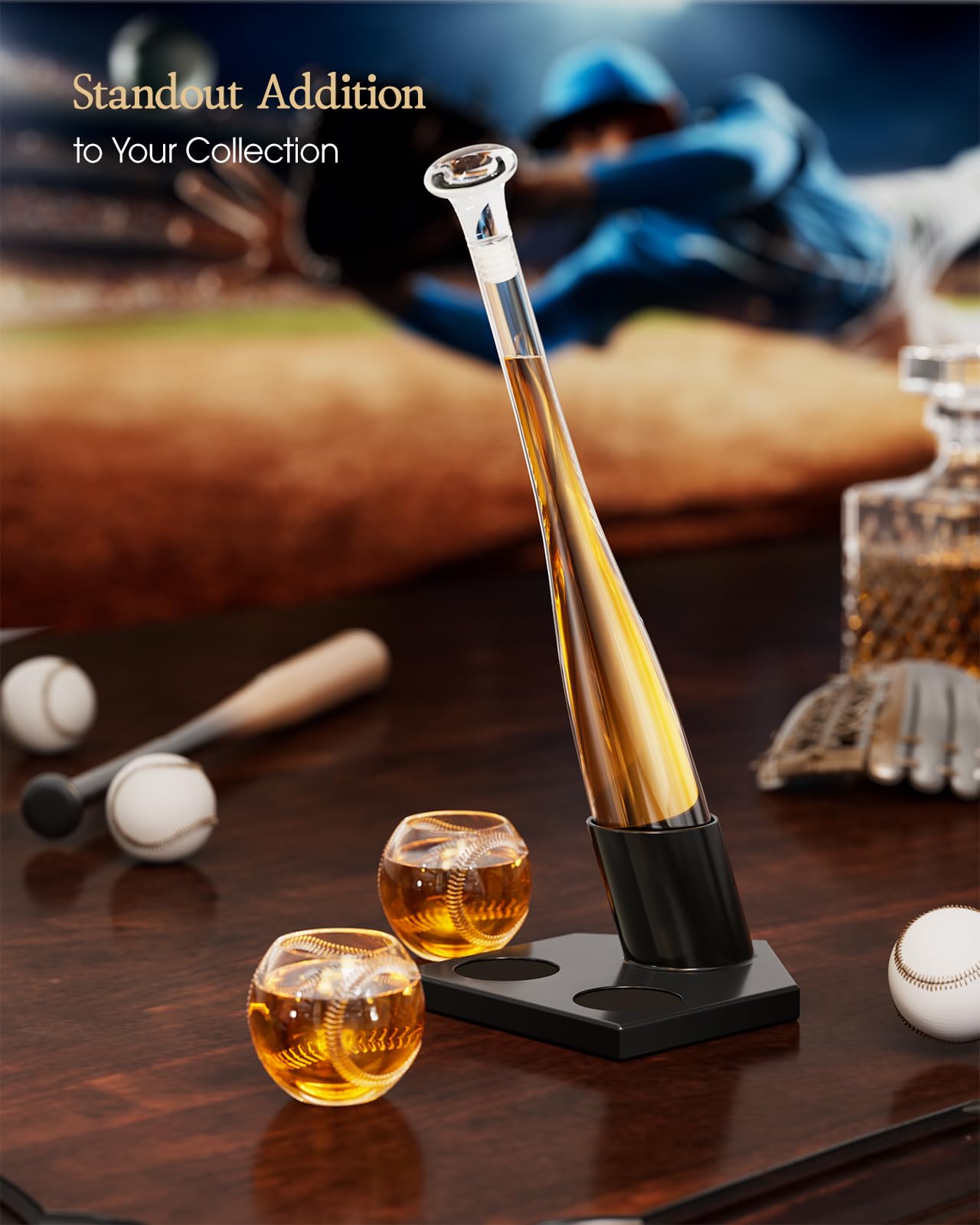 Kollea two baseball whiskey glasses beside the bat decanter for coordinated serving