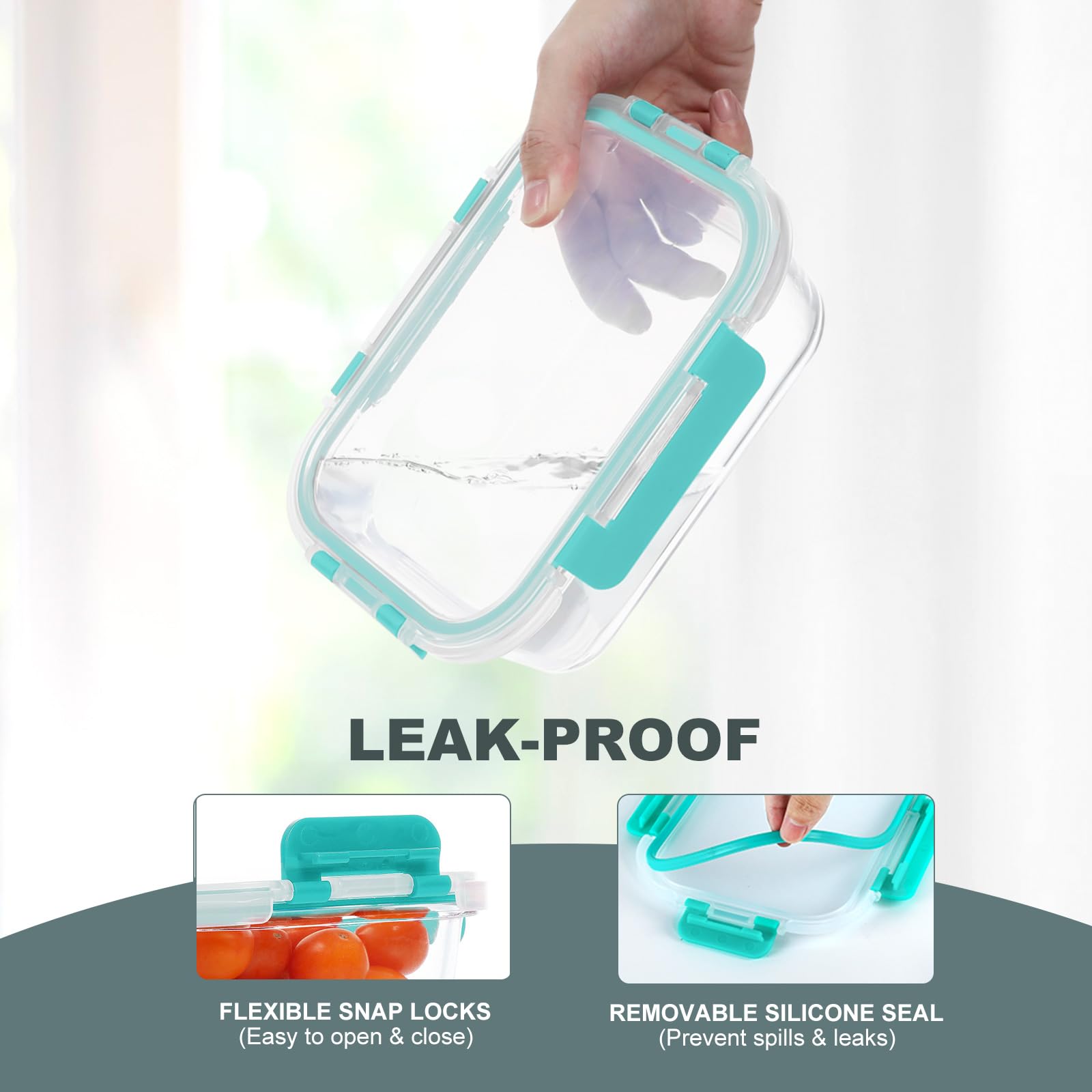 KOMUEE 34oz glass container filled with food showing durability and reheating convenience