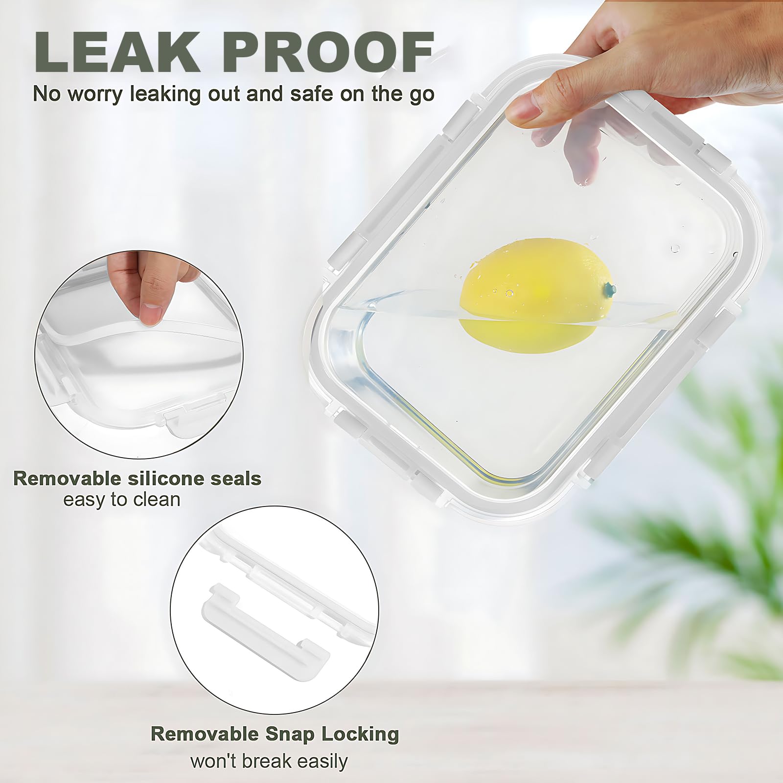 KOMUEE close-up of snap-lock lid and silicone gasket ensuring leak-resistant seal
