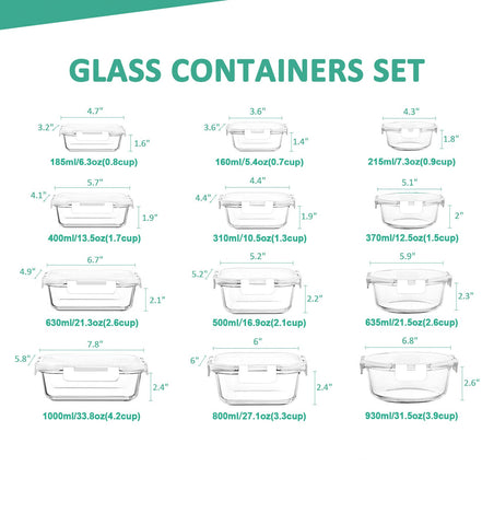 KOMUEE top view of assorted glass containers neatly arranged to show included sizes