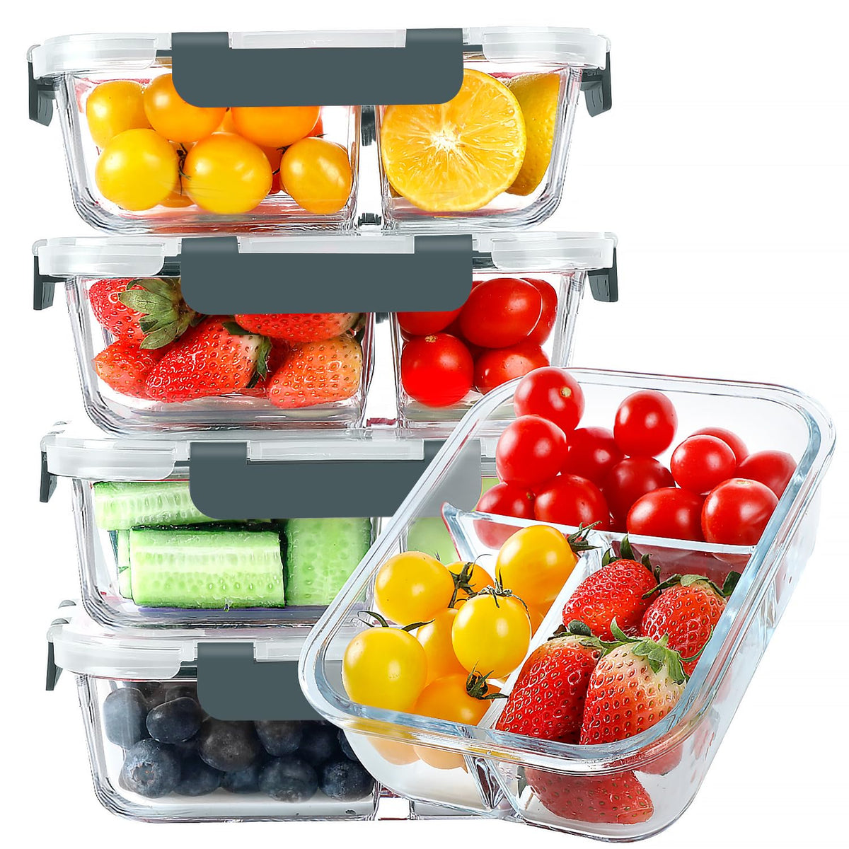 KOMUEE front view of five 3-compartment 36oz containers, shows neat storage benefit