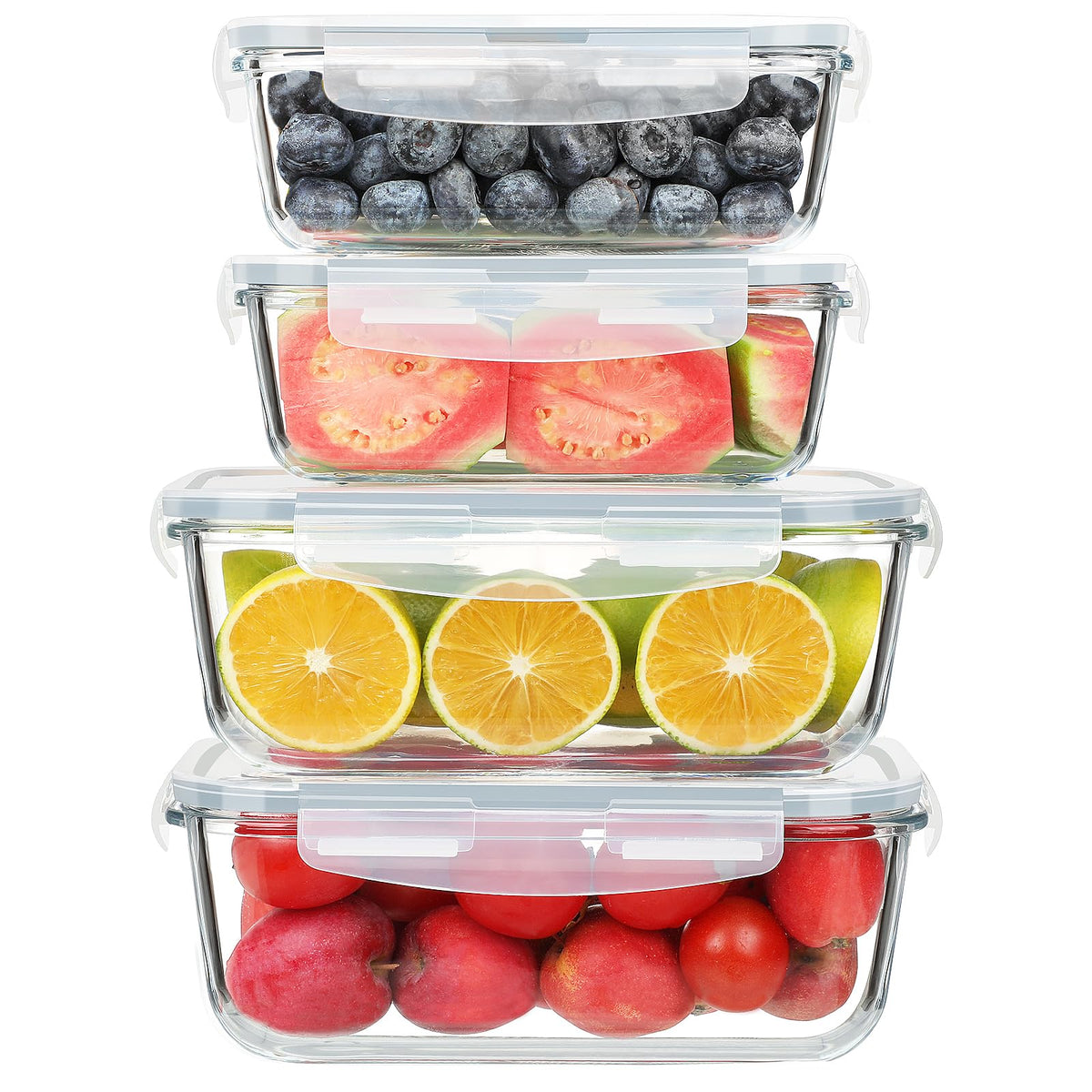 KOMUEE front packaging and contents showing four glass containers and lids for organized storage