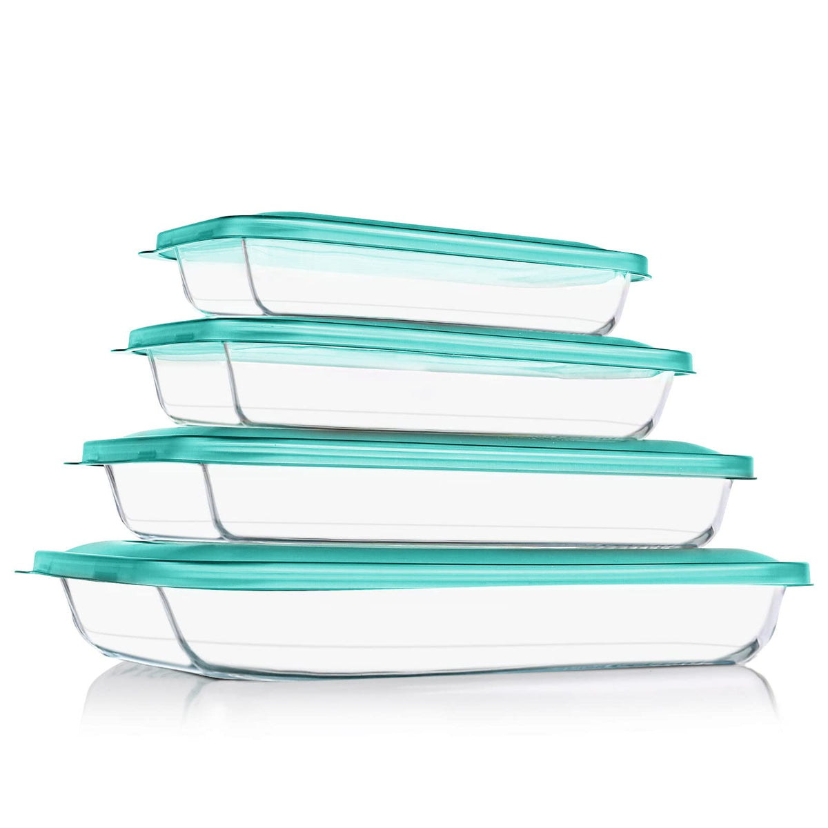 KOMUEE front view of four glass pans and green lids showing full set and benefits