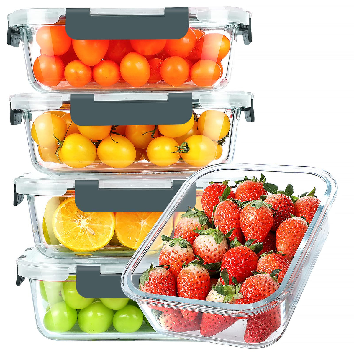 KOMUEE front view of five glass containers showing organized meal storage benefit
